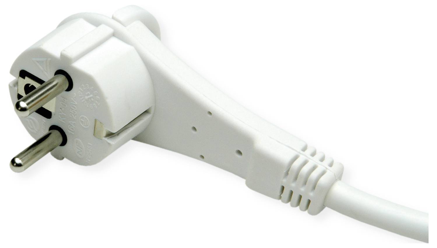 A white EU plug with two round pins and an earth connection, connected to a cable.
