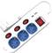 A white power strip with three blue socket outlets, red indicator lights, and a red on/off switch.