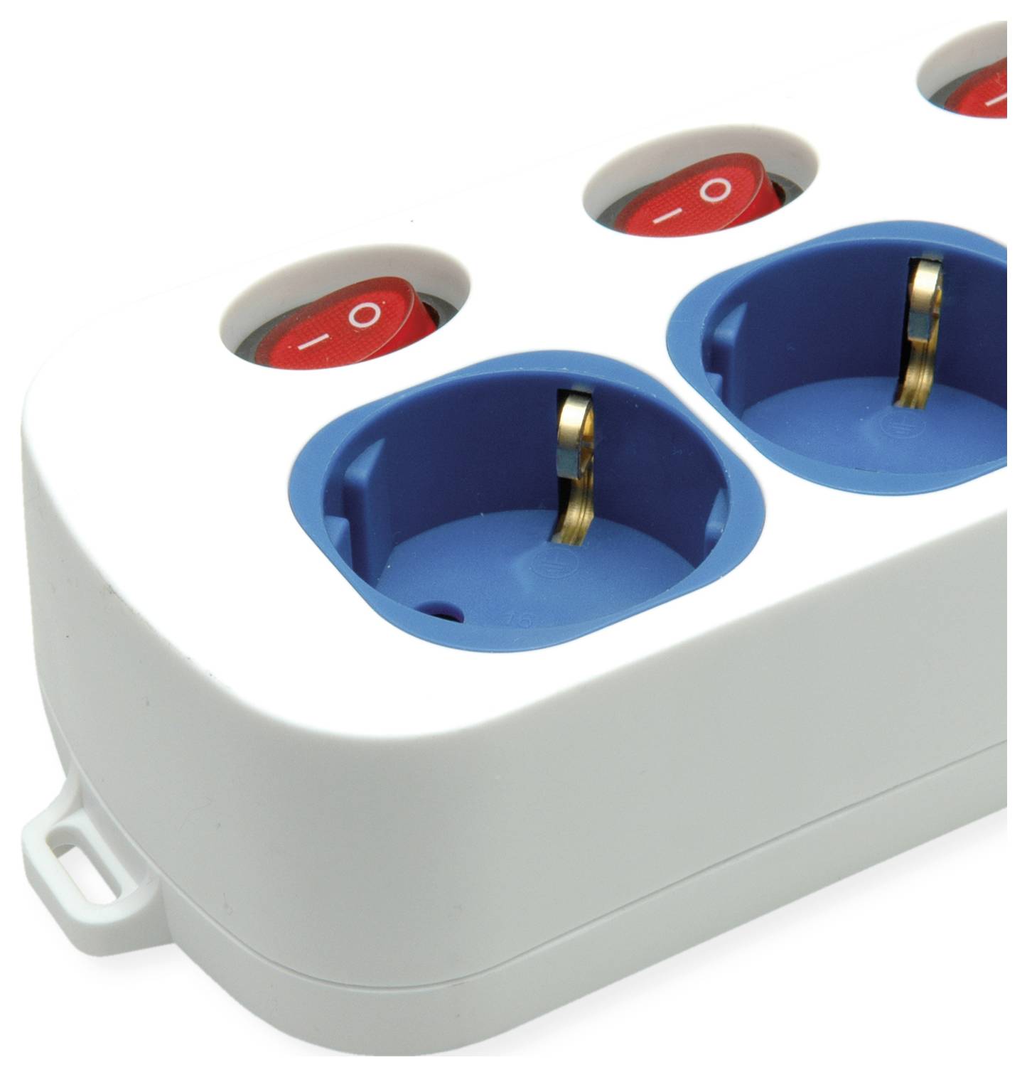 Close-up of a power strip with blue socket outlets and red switches.