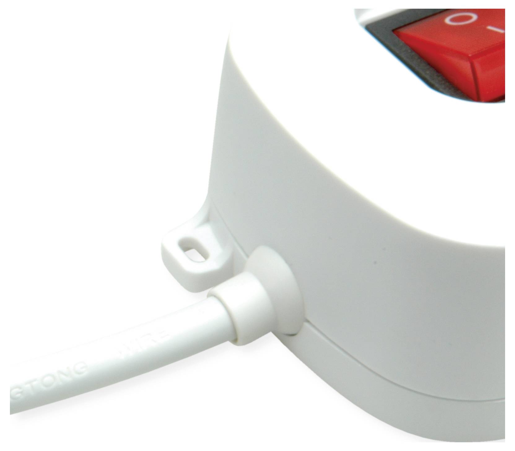 'Close-up of a white cable connected to an electrical device with a red on/off switch.'