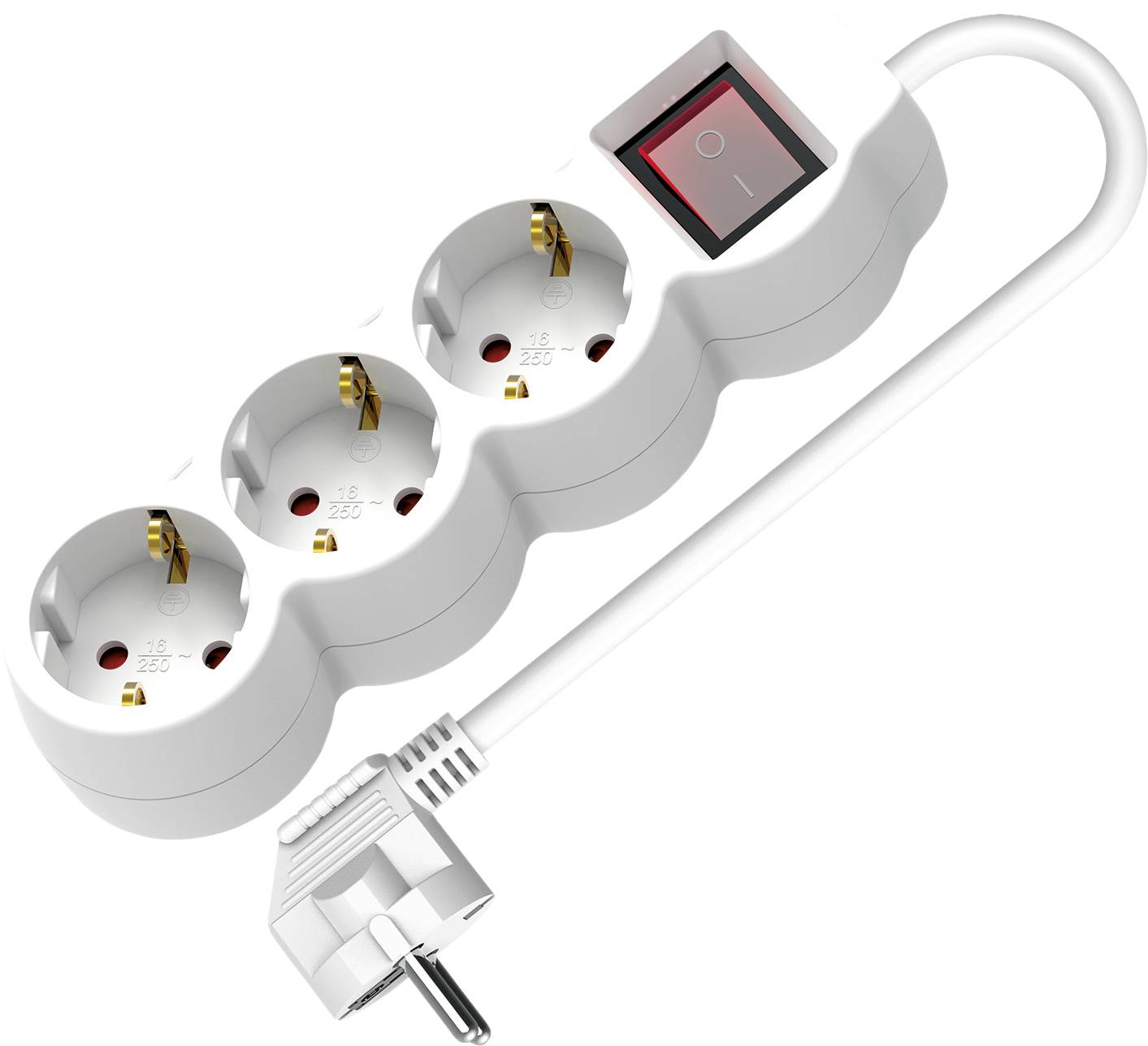 A white multi-socket extension with four outlets and a red power switch, mounted on a plug.