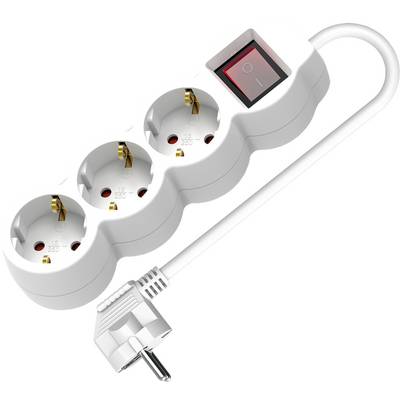 A white multi-socket adapter with four socket outlets and a red on/off switch, positioned next to a European plug.