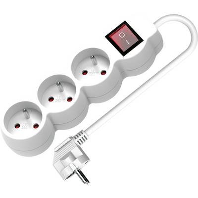A white power strip with three sockets and an on/off switch, connected to a white power cable.