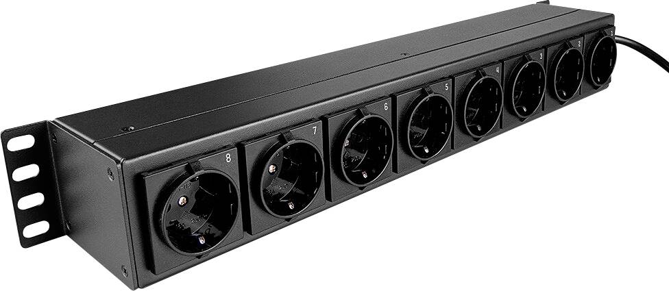 Eight-way power strip with Schuko sockets and black casing, suitable for wall mounting.