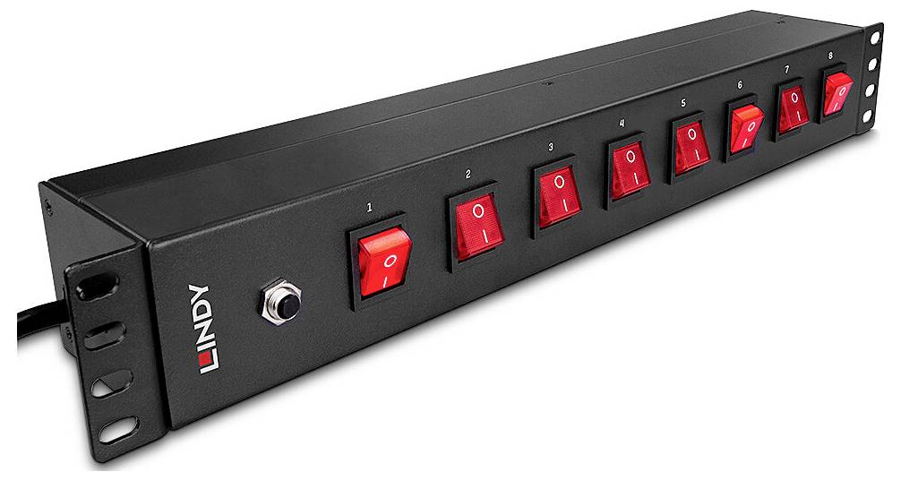 Black rack enclosure with eight red toggle switches, numbered from 1 to 8. 'LINDY' is written small on the left.
