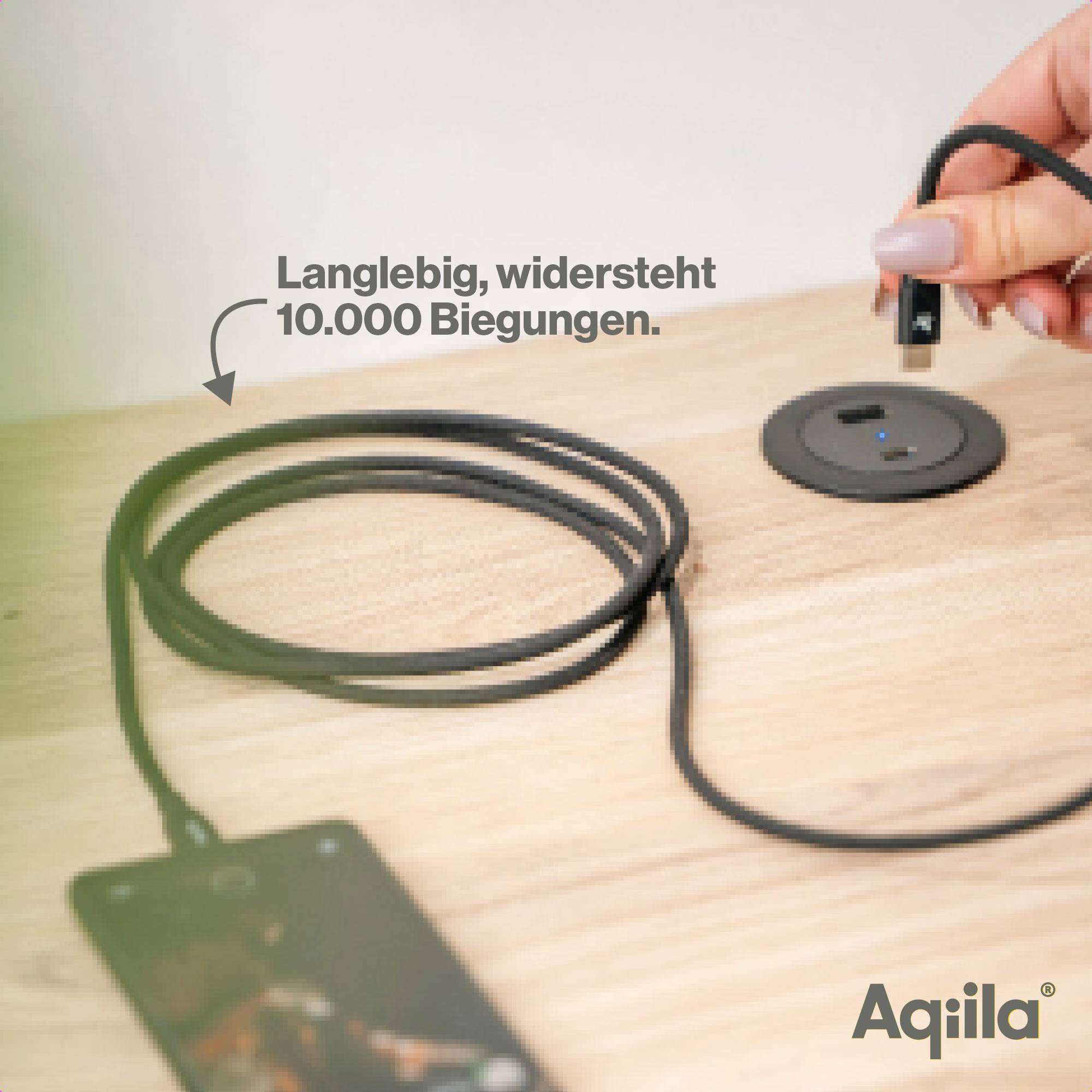 Wireless charging pad on table, hand holding plug. Text: 'Long-lasting, withstands 10,000 bends.' Smartphone beside it, brand Aquila.<br><br>Note: The translation is very close to the original German text, with British English phrasing and spelling maintained.