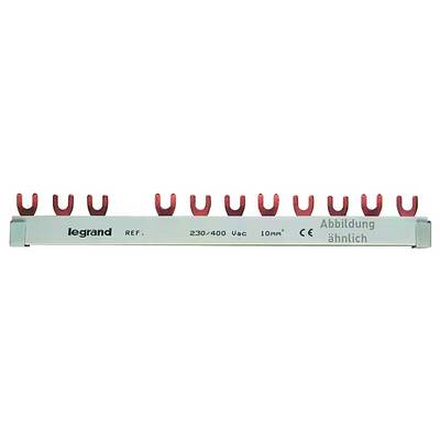 Metal rail with red U-shaped clips for connecting electrical components; printed data: '230/400 Vac, 10 mm²'.