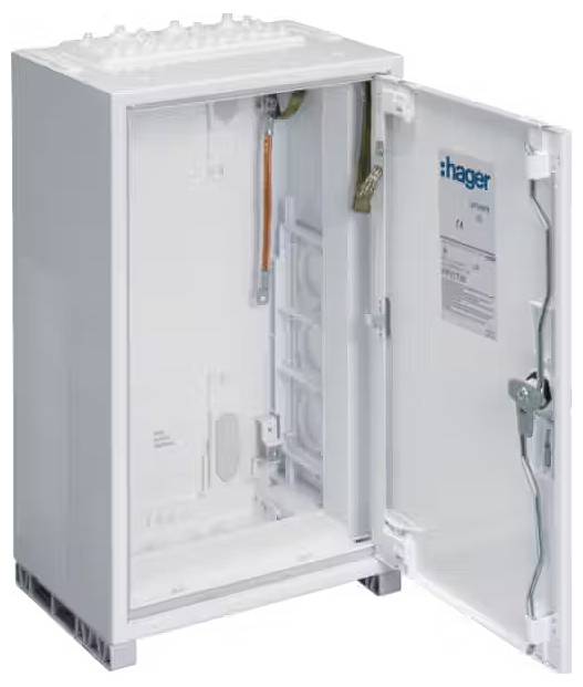 White, open distribution cabinet by 'Hager' with visible cable and mounting components.