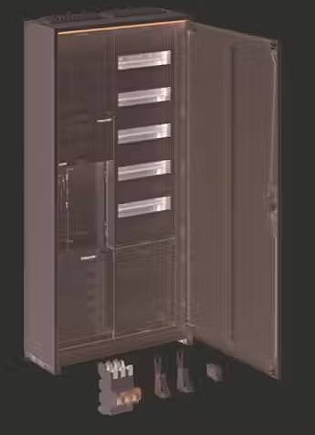 Open cupboard with four shelves. Underneath, four drawers. Cables and a clamping system are positioned in front of the cupboard.