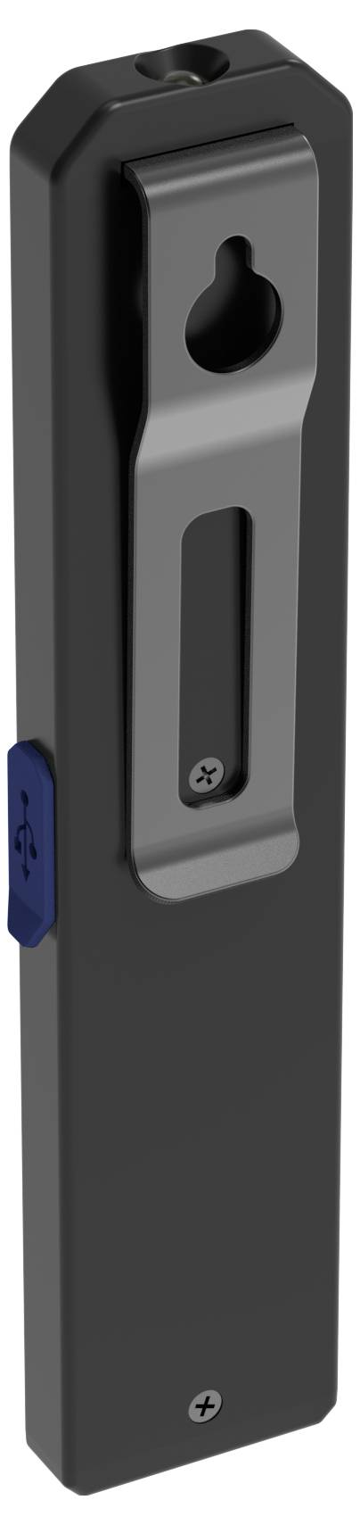 Black, rectangular door handle with keyhole at the top, blue switch on the side, suitable for industrial applications.