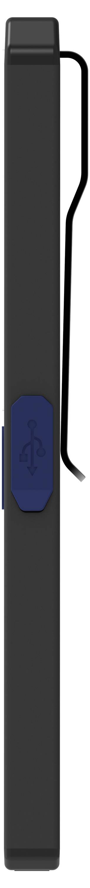 A black fountain pen with a blue clip and clip holder, vertically positioned.