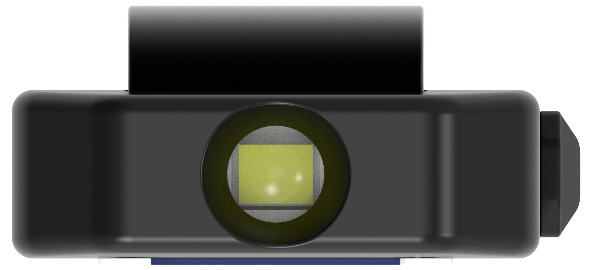 A black electronic device with a cylindrical main body and a yellow, reflective sensor in the centre, viewed from the front.