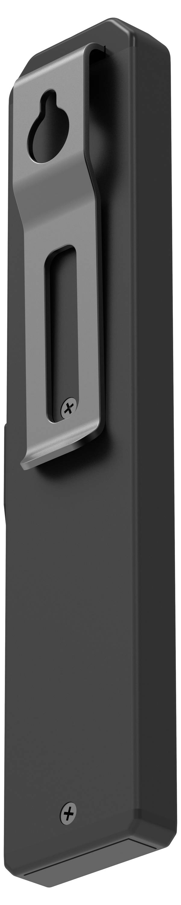 Black, rectangular housing with a silver, hinge-like clip, potentially part of a technical device or tool.