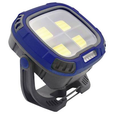 Blue LED spotlight with four visible lights, portable design and a stand base for hands-free functionality.
