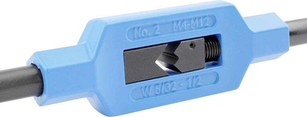 Thread-cutting tool with a blue handle, suitable for thread sizes M4 to M12, black adjustment screw visible.
