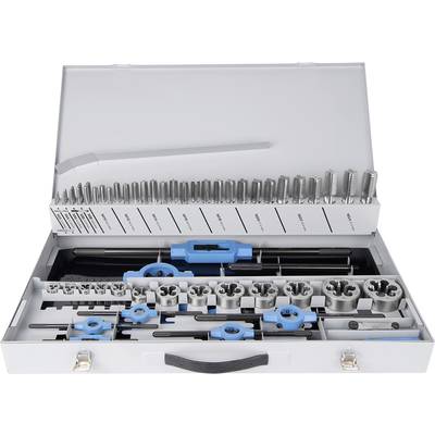 Open tool case with thread cutting set, comprising tapping drill, die and holders, in various sizes.