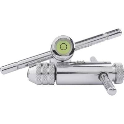 Silver-coloured tube with built-in spirit level, primarily used for precise alignment and levelling of surfaces.