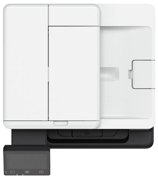 Photocopier viewed from above, with closed lid and control panel on the left side.
