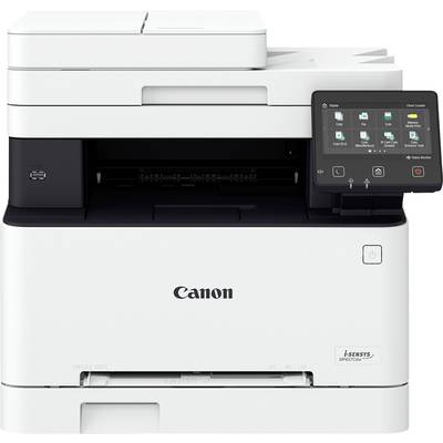 A white multifunction printer by Canon with control panel on the right side.