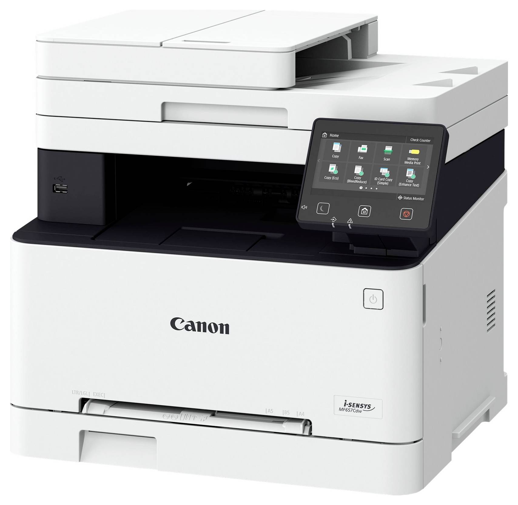 Multifunction printer on a white background, touchscreen with symbols for various functions, compact design for office environment.