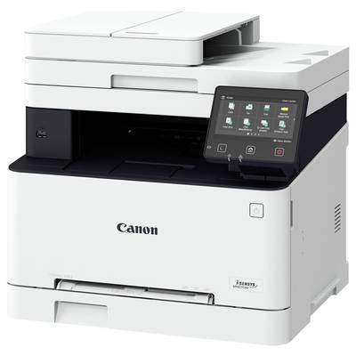 Multifunction printer on a white background, touchscreen with symbols for various functions, compact design for office environment.