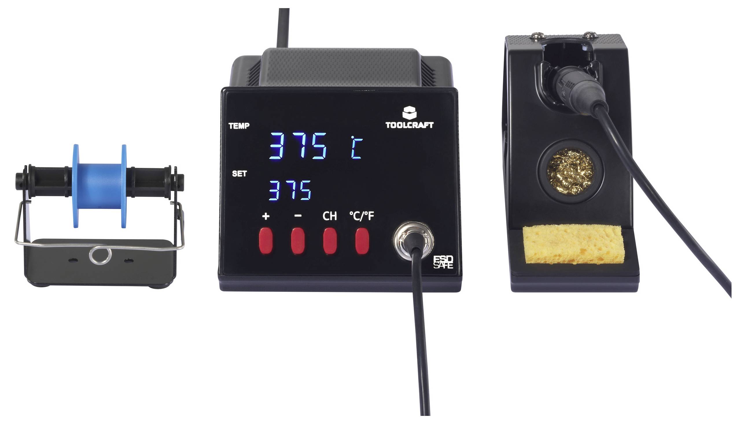 Soldering station with digital display, showing '375 °C'. Comprising soldering iron stand, sponge, soldering station and solder reel holder.