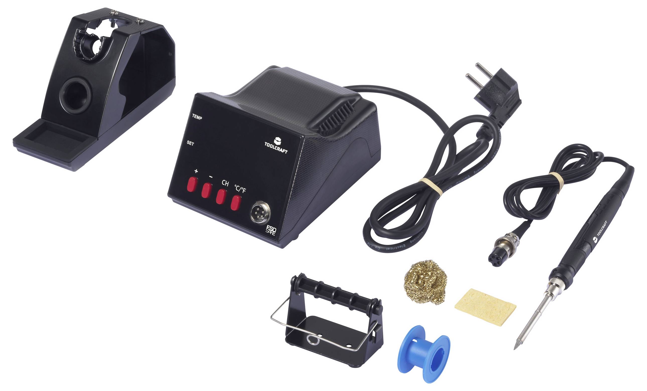 Soldering Iron Set with Digital Soldering Station, Stand, Cleaning Wool, Soldering Tip and Power Cable; suitable for precise electronic work.