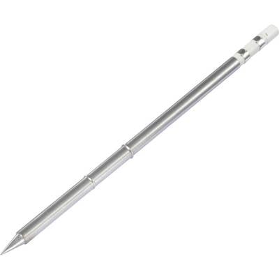 A silver metal pin with a smooth surface and a sharpened end lies diagonally on a white background.