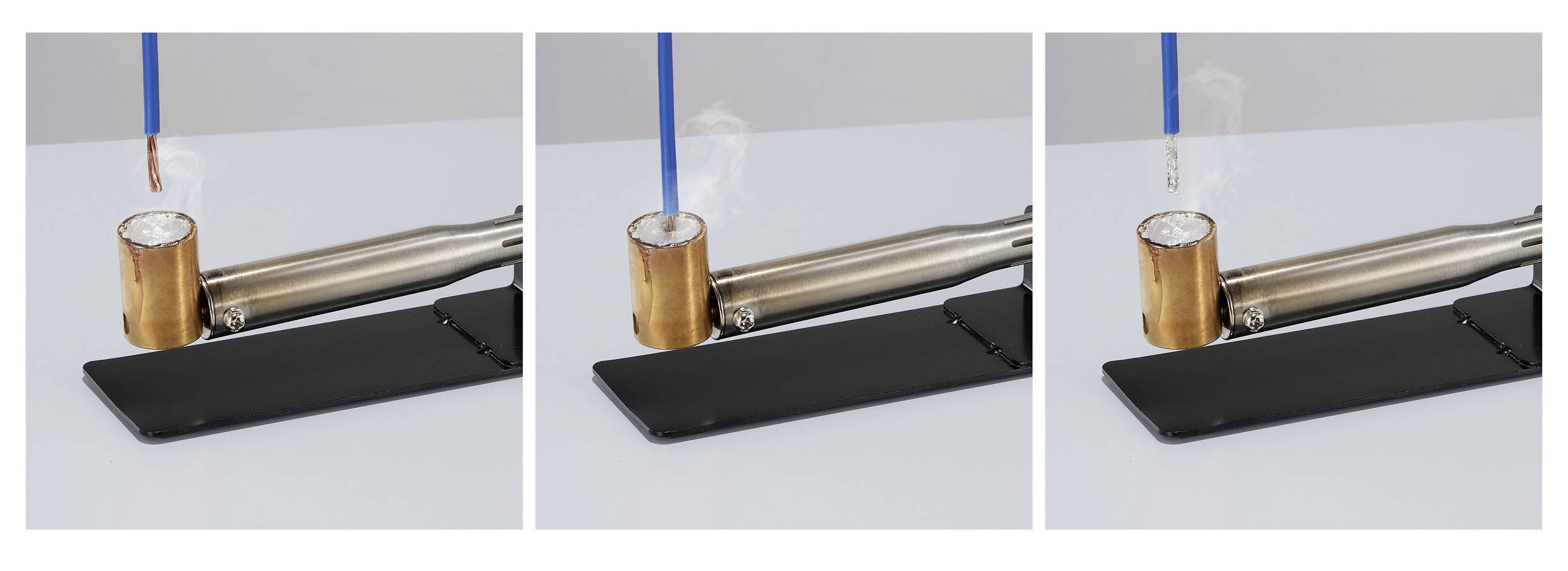 Three images show a soldering iron and a copper wire just before soldering. The wire is being heated, as indicated by rising smoke.