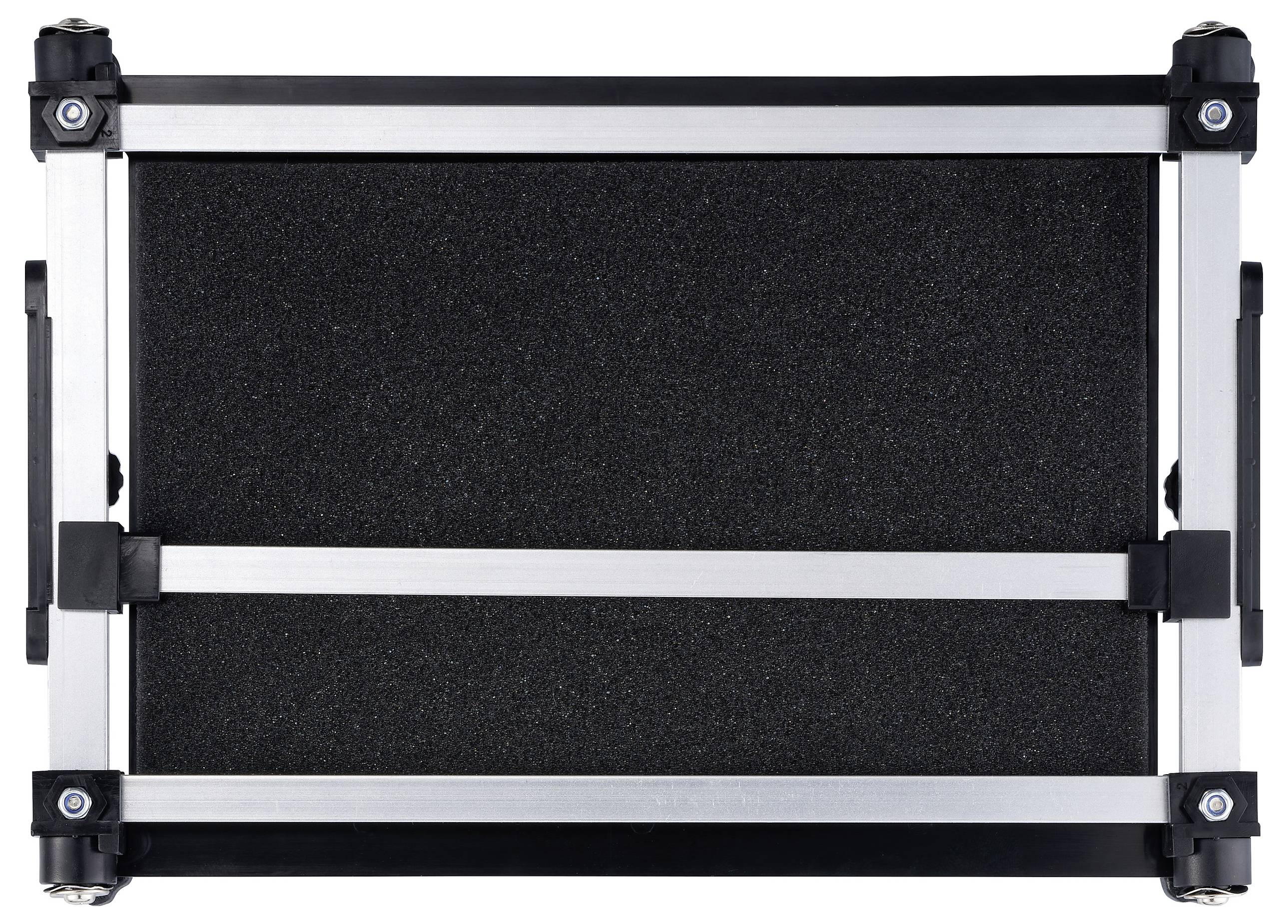 Black, rectangular suitcase with silver reinforcements at the corners and edges, suitable for transporting delicate items.