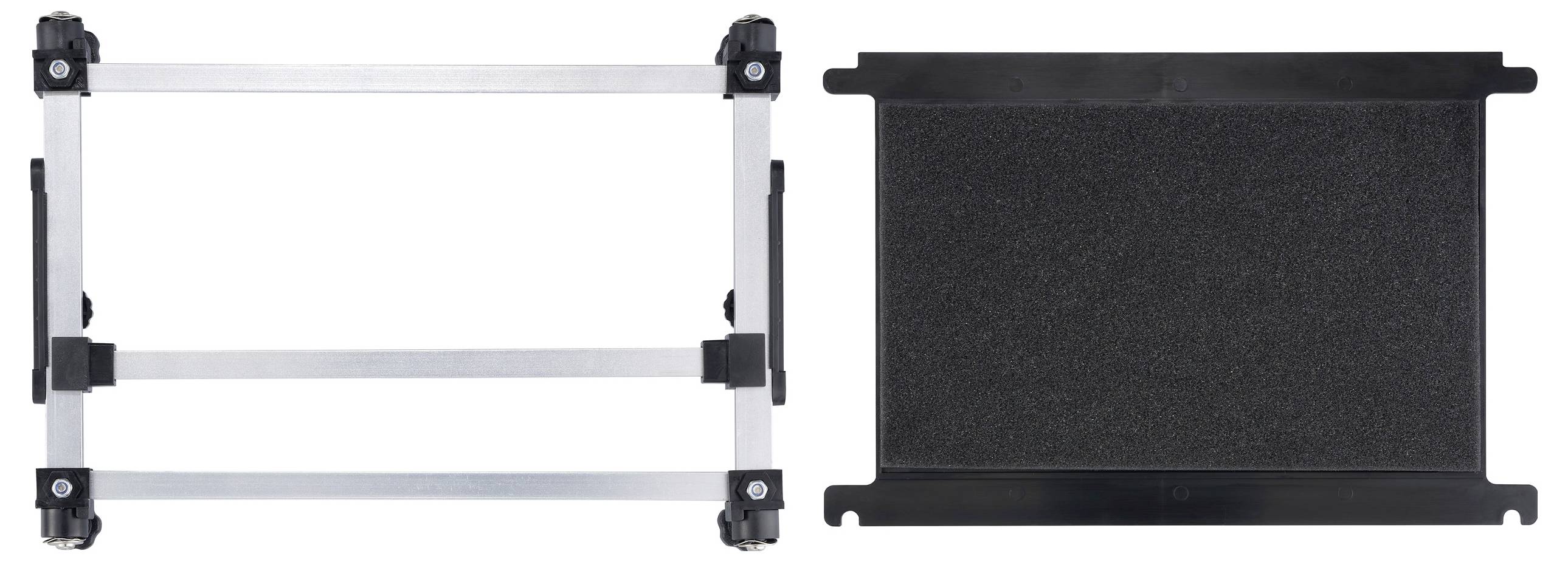 'A silver, adjustable metal frame stand next to a black rectangular plate. Suitable for holding or supporting equipment.'