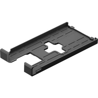Black, rectangular plastic part with raised edges and a cross pattern in the centre, potentially a mounting frame or mounting component.