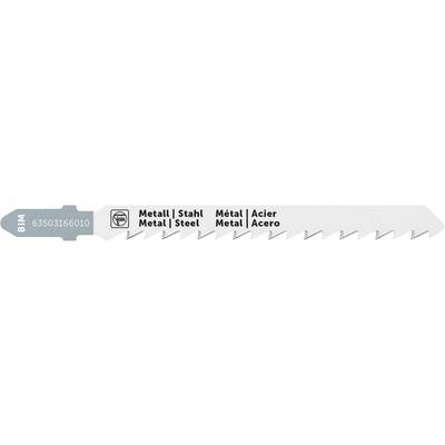 Metal saw blade with T-shaped shank for metal cutting. Markings: 'Metal | Steel | Metal | Acier | Metal | Acero'.