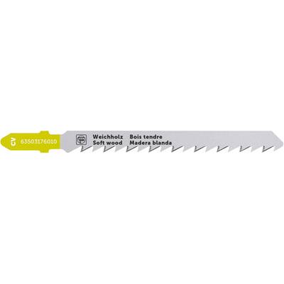 Yellow saw blade with grey teeth, suitable for softwood. Text: 'Softwood', 'Soft wood', 'Bois tendre', 'Madera blanda'.