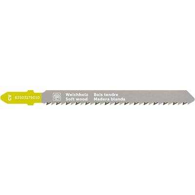 Saw blade for softwood. Yellow strip with tension number 'T 2'. Labelling in three languages: German, English, Spanish.