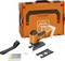 An orange cordless jigsaw alongside its matching case. Accessories: saw blades, dust extraction adapter and protective cover.