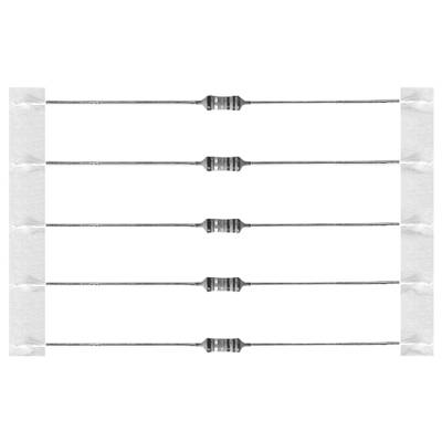Five resistors arranged horizontally on a white background, evenly distributed and parallel to each other.