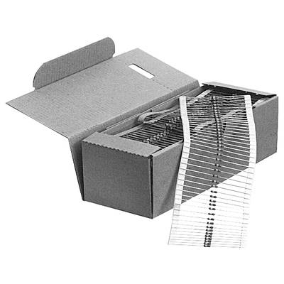 Opened cardboard box with a row of resistors mounted on a strip, protruding outwards.