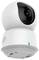A white, spherical security camera with a black camera lens and blue LED indicator, photographed from a stylised perspective.
