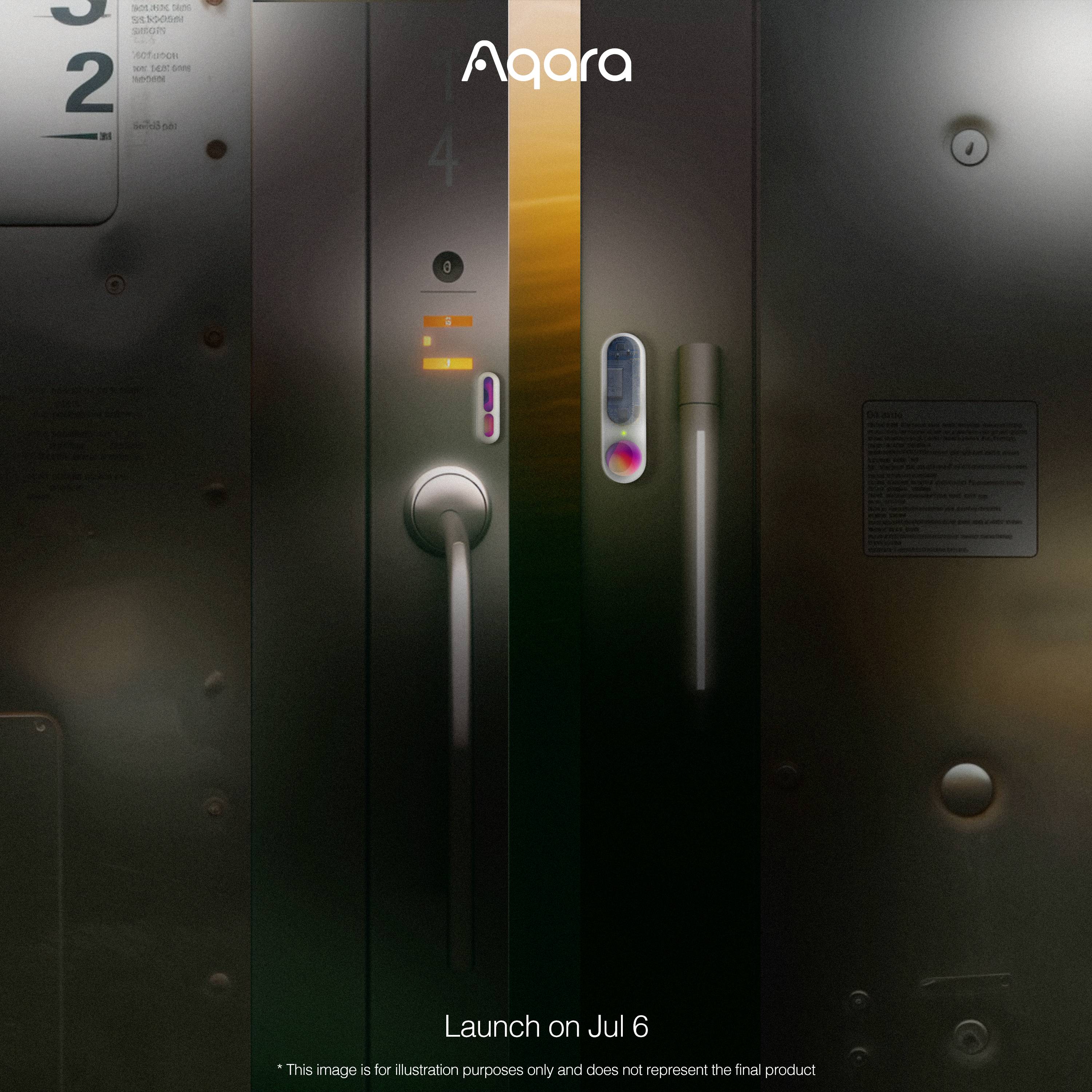 Door with a digital lock and handle, illuminated. Small display shows information. Brand name 'Aqara' at the top, text 'Launch on 6 Jul' at the bottom.