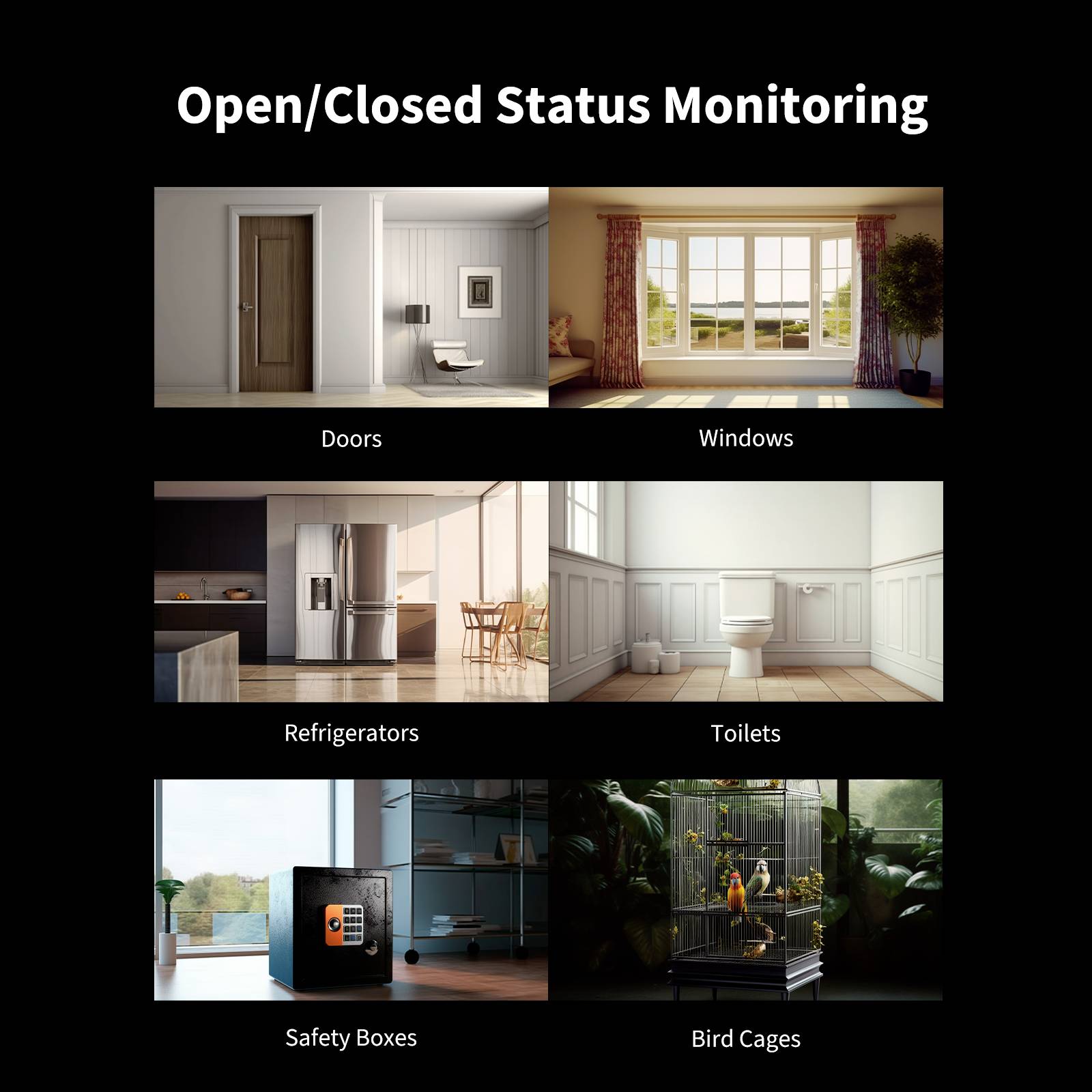 'Surveillance Status Open/Closed': Image shows doors, windows, refrigerators, toilets, safes and bird cages.