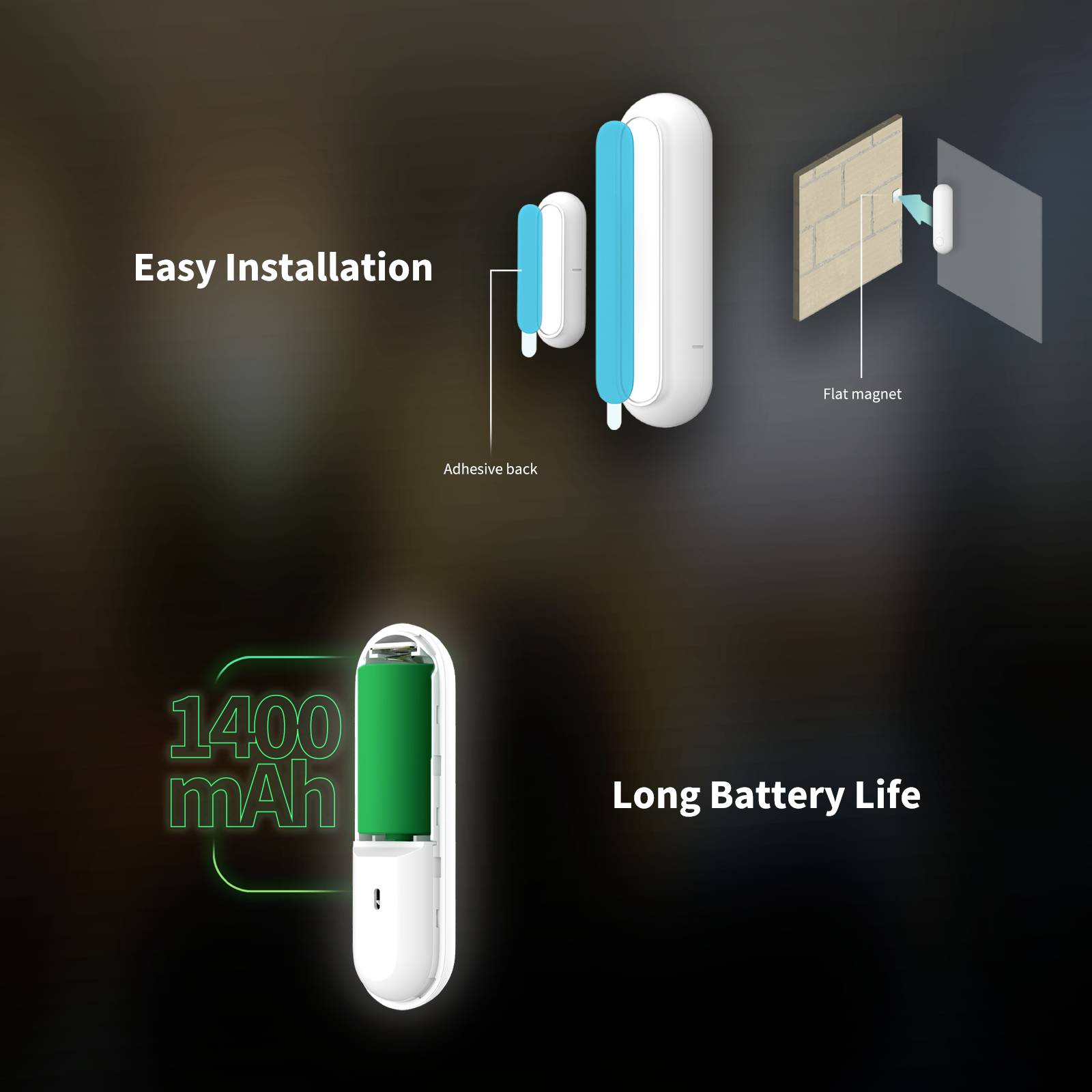 The sensor indicates 'simple installation' with adhesive tape, flat magnets and a 'long battery life' of 1400 mAh.
