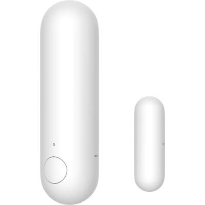 A white, oval door or window contact sensor with a small circle at the bottom end, alongside a smaller, similar magnet.