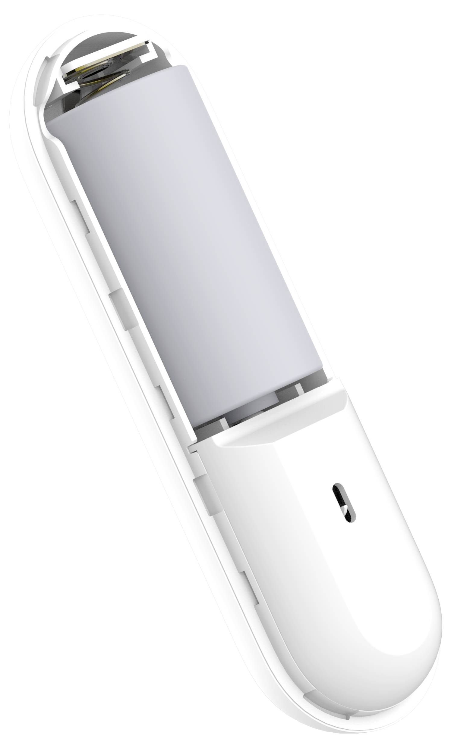 An opened, white device with a removable grey battery, possibly an electronic household appliance.