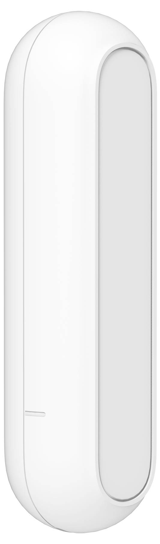 White, cylindrical sensor with rounded edges, likely a door or window sensor for security systems.