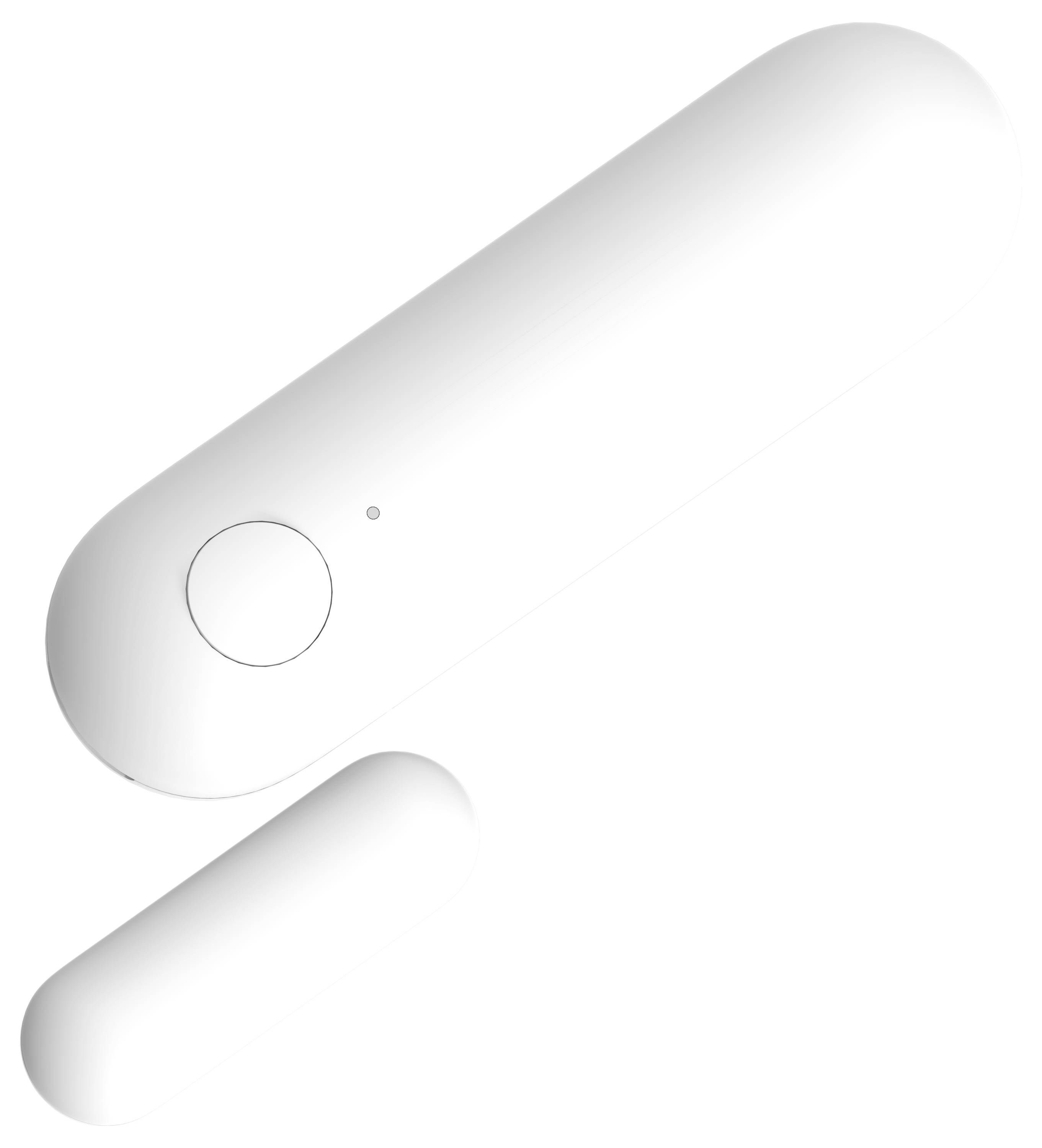 Two elongated white devices, the larger one with a round button and a small LED, the smaller one without visible buttons or lights.