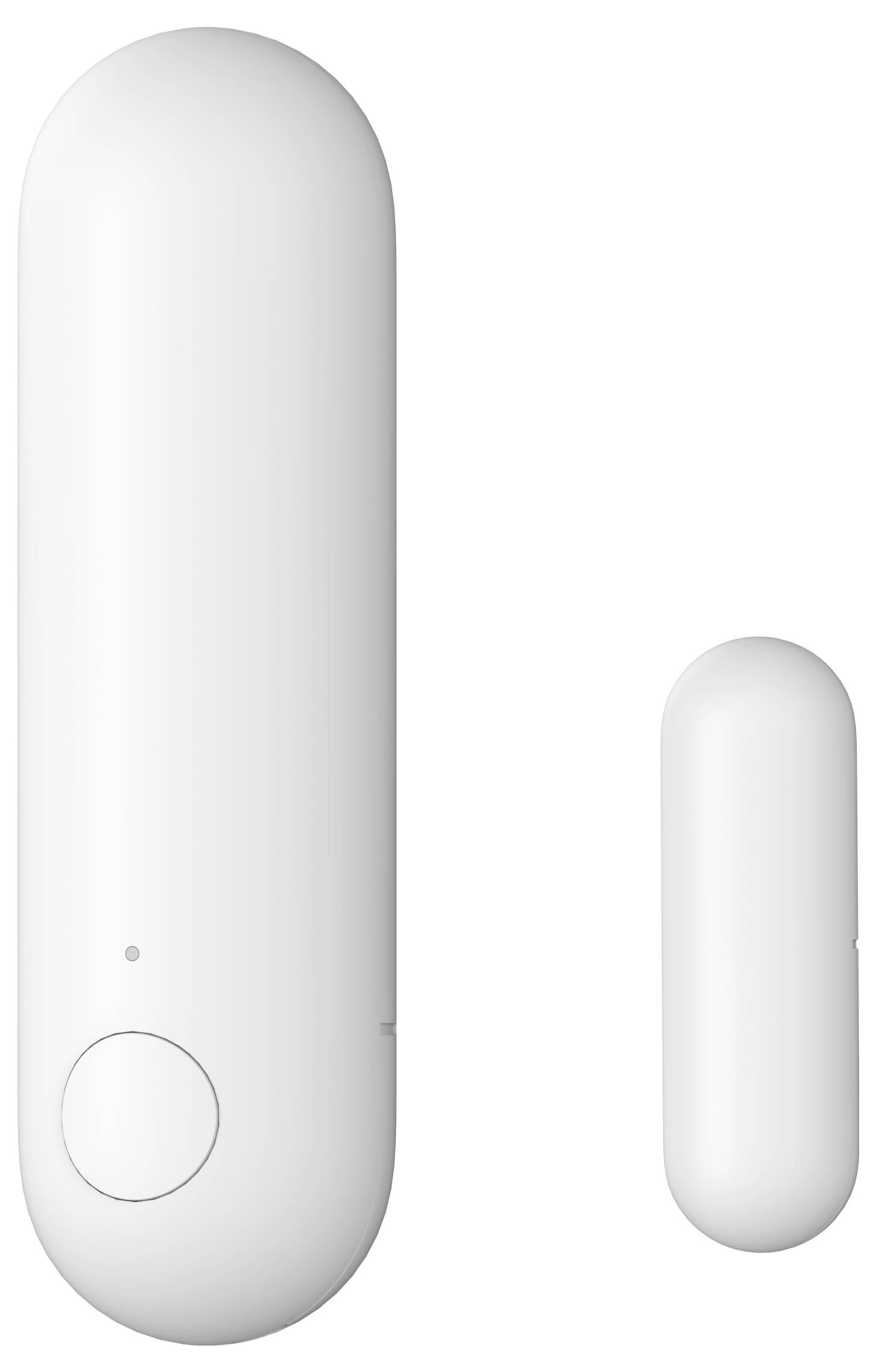 Two white, oval sensors of different sizes, probably part of a security system for doors or windows.