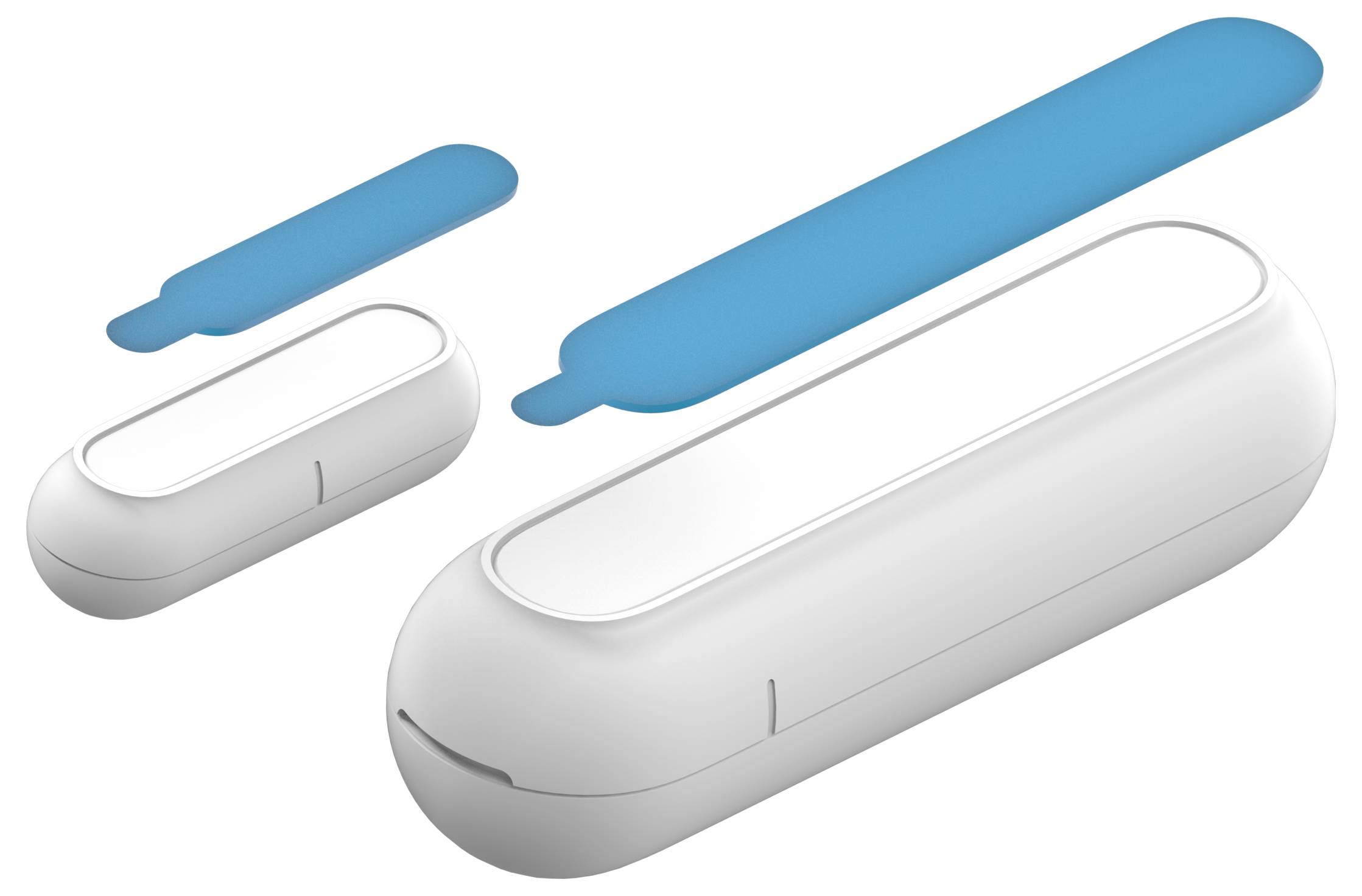 A white cylinder with rounded ends is shown from above and from the side. A blue stripe is positioned over it.