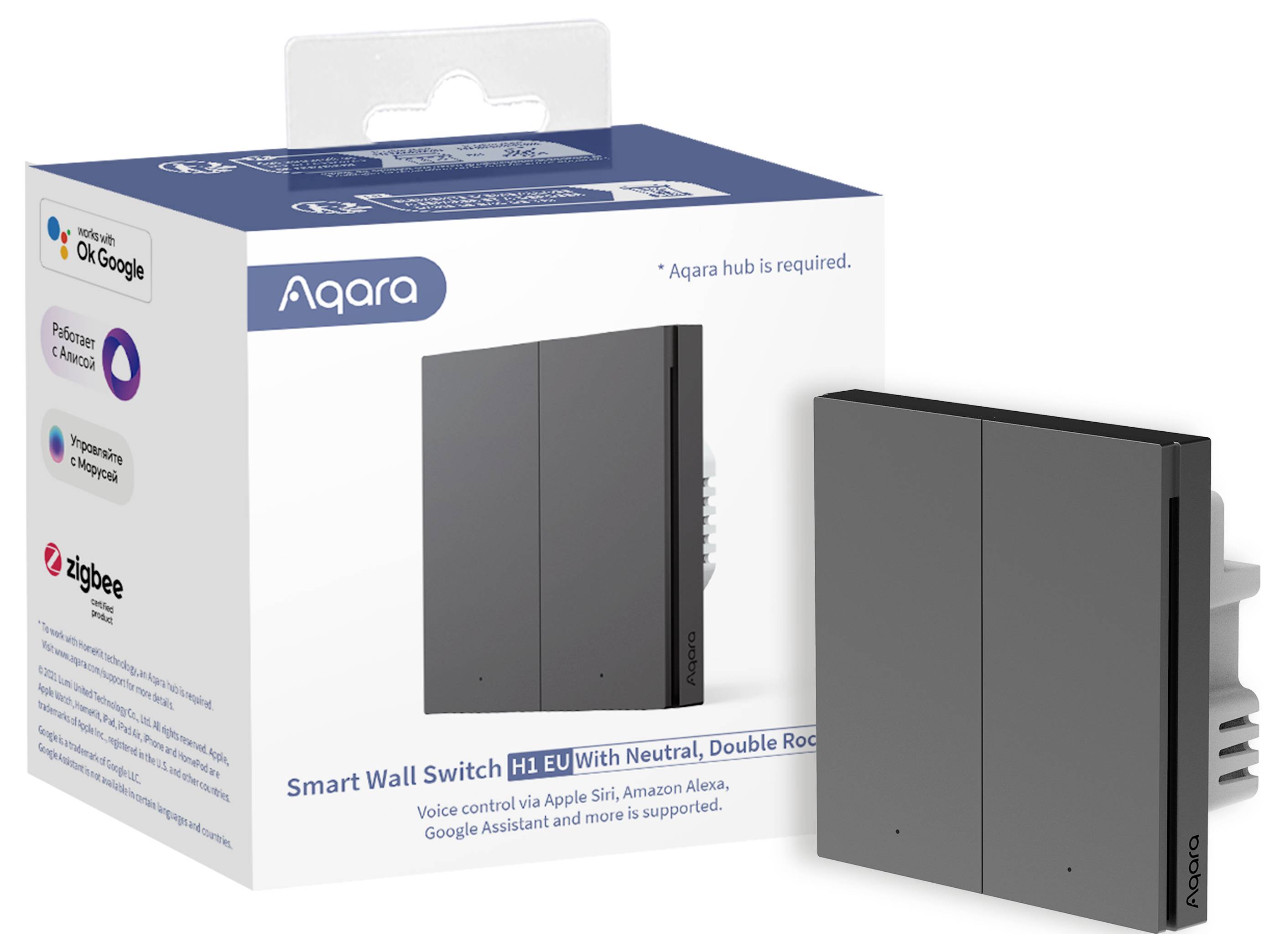 'Smart Wall Switch H1 EU' by Aqara, compatible with Apple Siri, Amazon Alexa, Google Assistant, requires Aqara Hub, packaging and product shown.