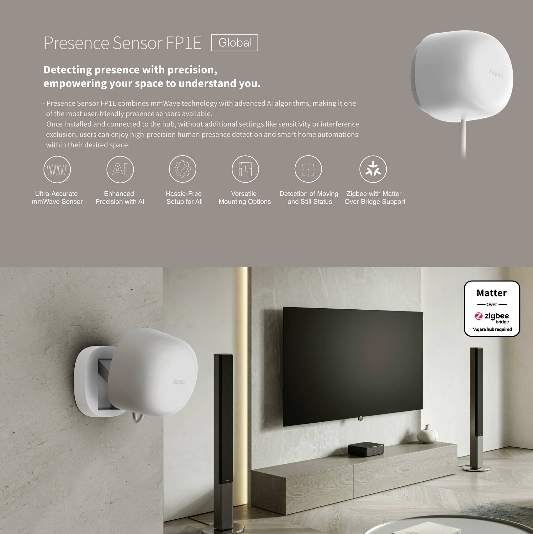 A presence sensor for room monitoring using mmWave technology. Depicted in a modern living room, alongside test and control information.